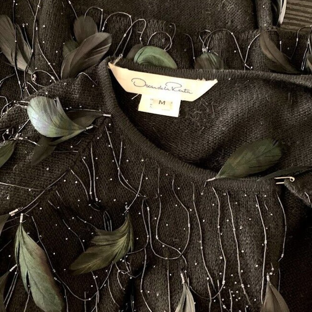 Oscar De La Renta Jacket Cardigan Cashmere Embellish Feather Beats and Sequins - Picture 11 of 11